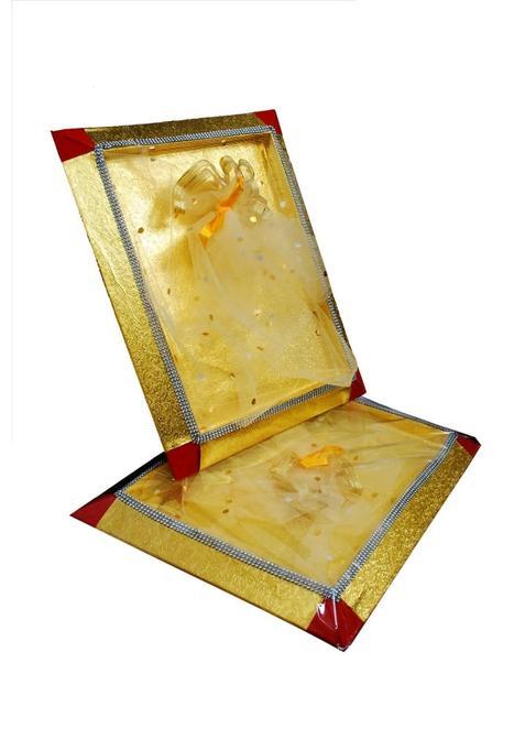 White Wooden Decorative Gift Tray with Net Band Cardboard Hamper Tray for Diwali Navratri Festive Gifting