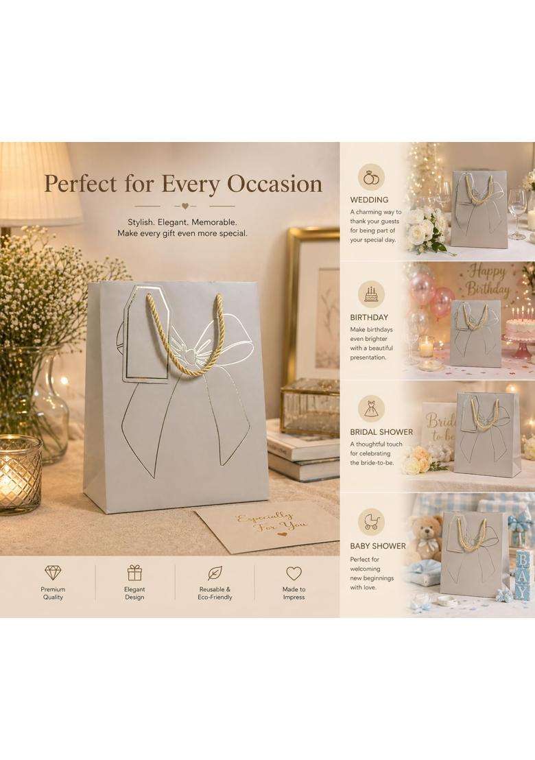 Izels Premium Luxury Paper Bow Gift Bags Leather Finish with Gold Foil Geometric Design Pack of 10 - Indya