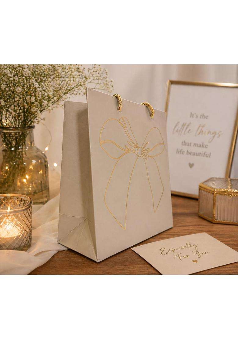 Izels Premium Luxury Paper Bow Gift Bags Leather Finish with Gold Foil Geometric Design Pack of 10 - Indya