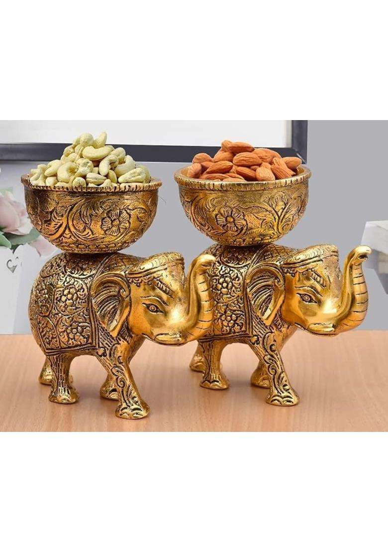 Labhcart Brass Elephant Urli Bowl Action Ethnic Home Decor for Floating Flowers Candle Lamps - Indya