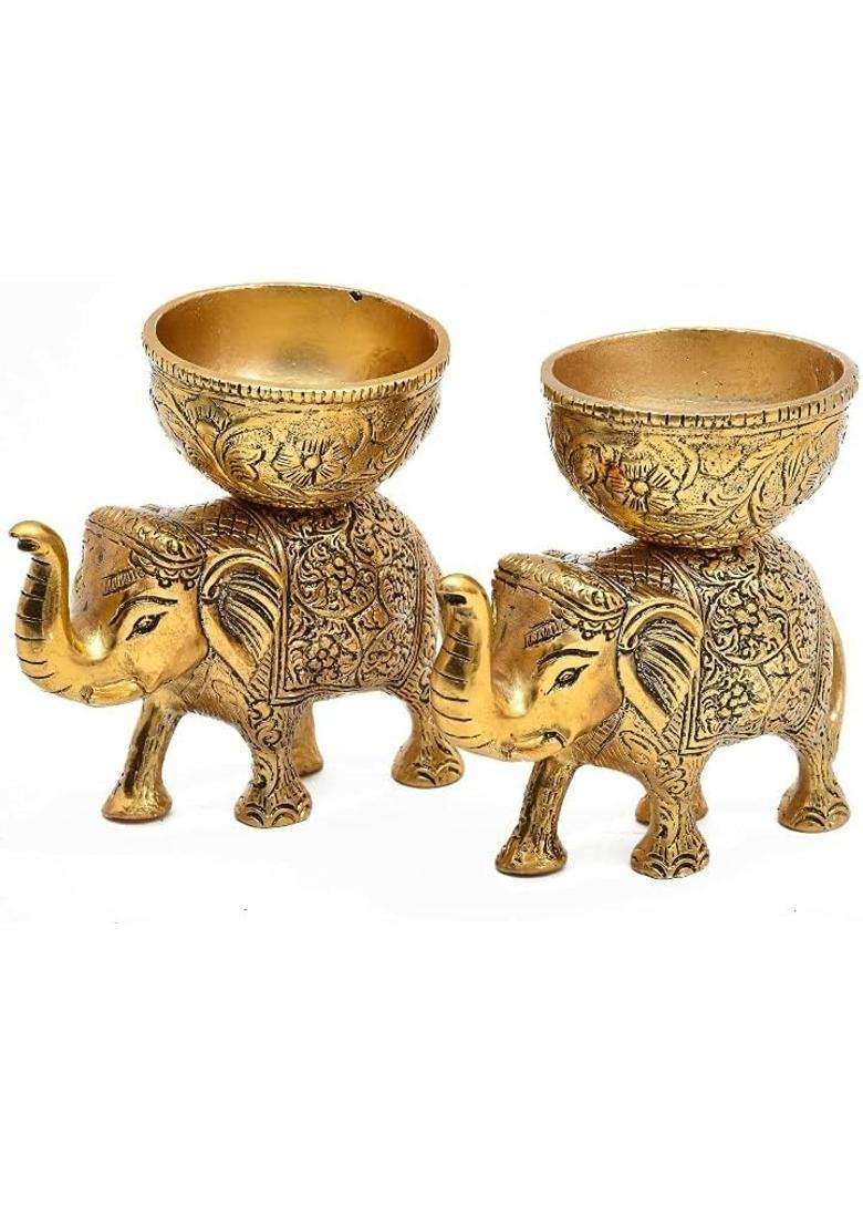 Labhcart Brass Elephant Urli Bowl Action Ethnic Home Decor for Floating Flowers Candle Lamps - Indya