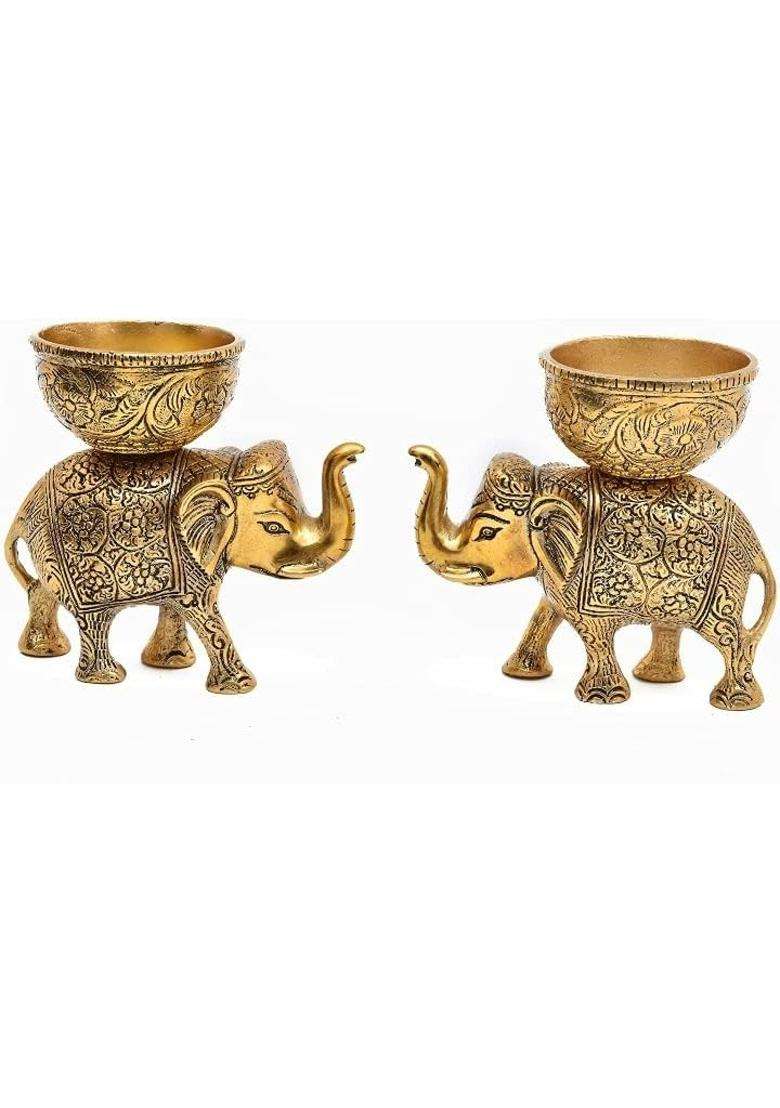 Labhcart Brass Elephant Urli Bowl Action Ethnic Home Decor for Floating Flowers Candle Lamps - Indya