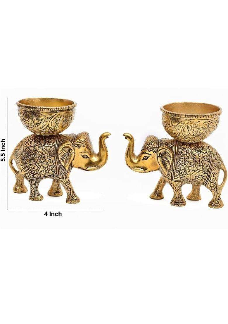 Labhcart Brass Elephant Urli Bowl Action Ethnic Home Decor for Floating Flowers Candle Lamps - Indya