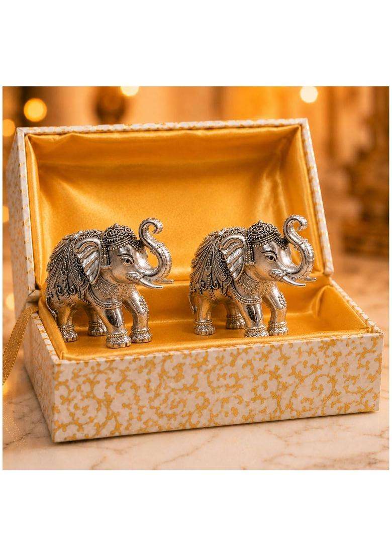 Hiranya Crafts 3 Inch Pure Silver Plated Elephant Statue Elephant Idol for Good Luck Pack of 2 - Indya