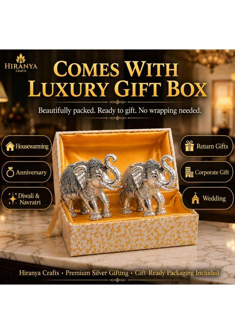 Hiranya Crafts 3 Inch Pure Silver Plated Elephant Statue Elephant Idol for Good Luck Pack of 2 - Indya