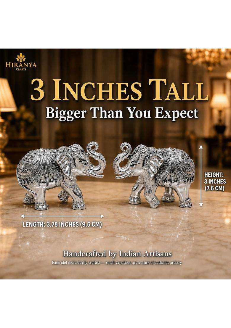 Hiranya Crafts 3 Inch Pure Silver Plated Elephant Statue Elephant Idol for Good Luck Pack of 2 - Indya