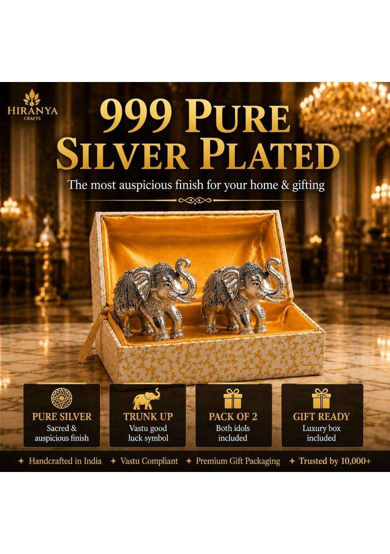 Hiranya Crafts 3 Inch Pure Silver Plated Elephant Statue Elephant Idol for Good Luck Pack of 2 - Indya