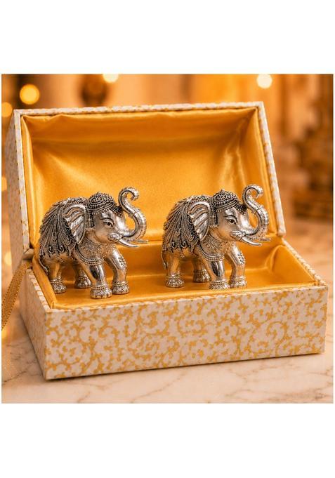Hiranya Crafts 3 Inch Pure Silver Plated Elephant Statue Elephant Idol for Good Luck Pack of 2