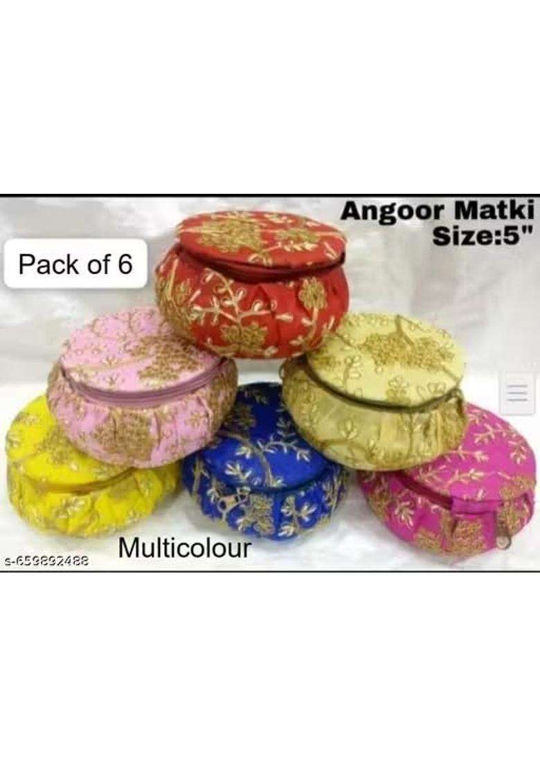 Matki Shape Fabric Potli Bags Multicolour Ethnic Return Gift Pouches Pack of 6 - Indya
