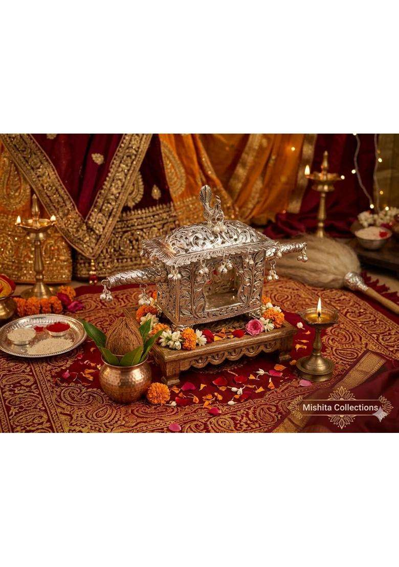 Mishita Collections German Silver Doli Showpiece Hand Engraved Palanquin Palki Decor - Indya