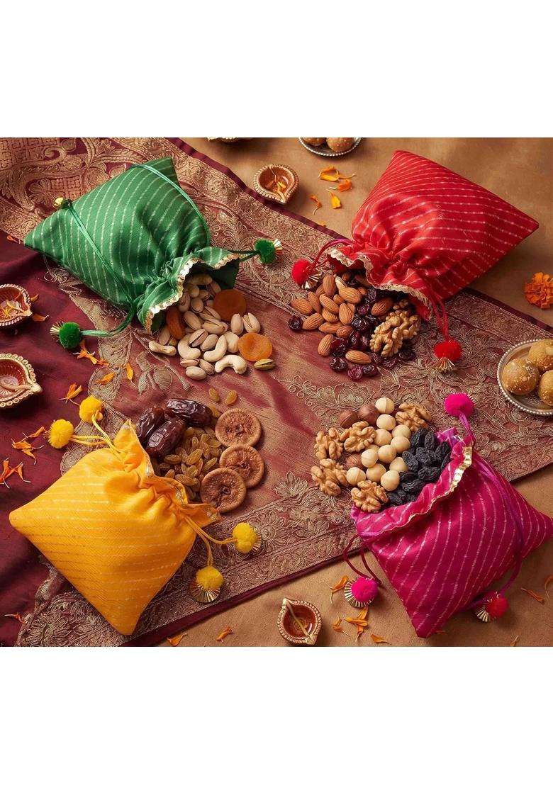 Brown Leaf Multicolour Leheriya Potli Bags for Wedding Return Gifts and Pooja 7X5 Inches 20 - Indya