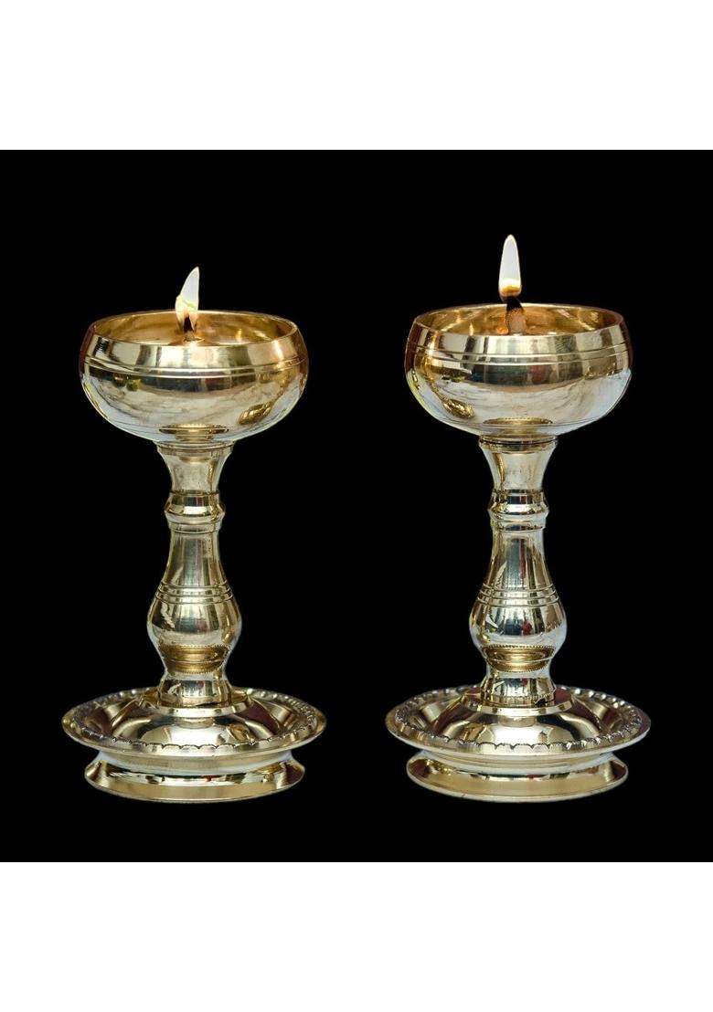 Solin Online Gold Brass Kerla Diya Samai 8 Inch Kerala Traditional Oil Lamp Deepak Lamp Kutthu Set of 2 - Indya