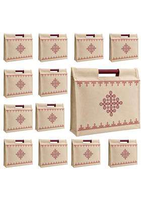 VARU Beige Jute Cotton Return Gift Bags Kolam Design 12x11x4 Inch Pack of 12