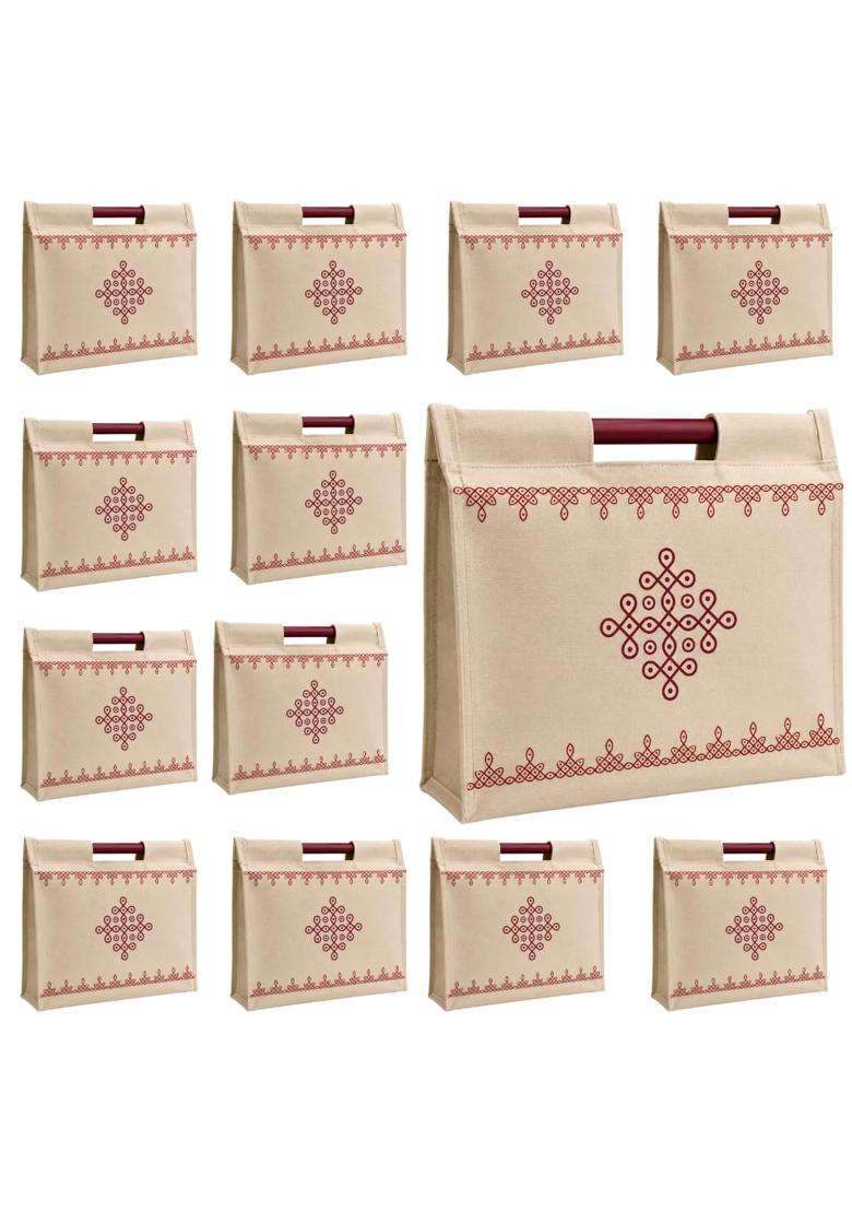 VARU Beige Jute Cotton Return Gift Bags Kolam Design 12x11x4 Inch Pack of 12 - Indya