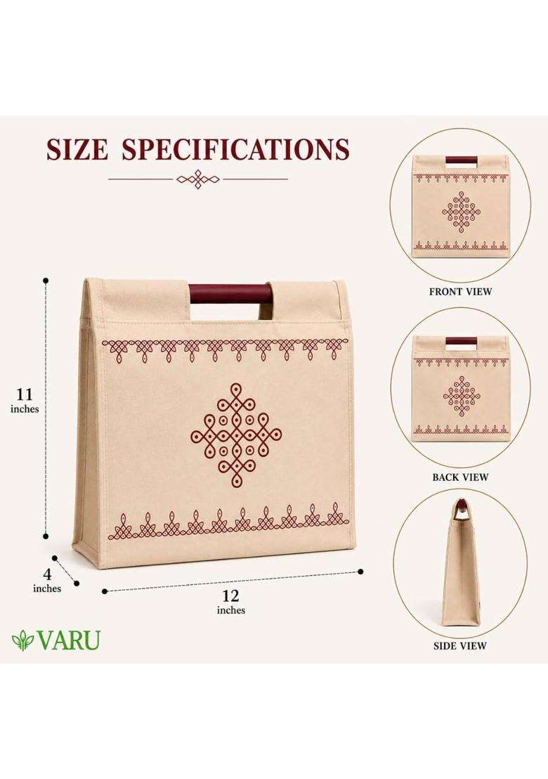 VARU Beige Jute Cotton Return Gift Bags Kolam Design 12x11x4 Inch Pack of 12 - Indya