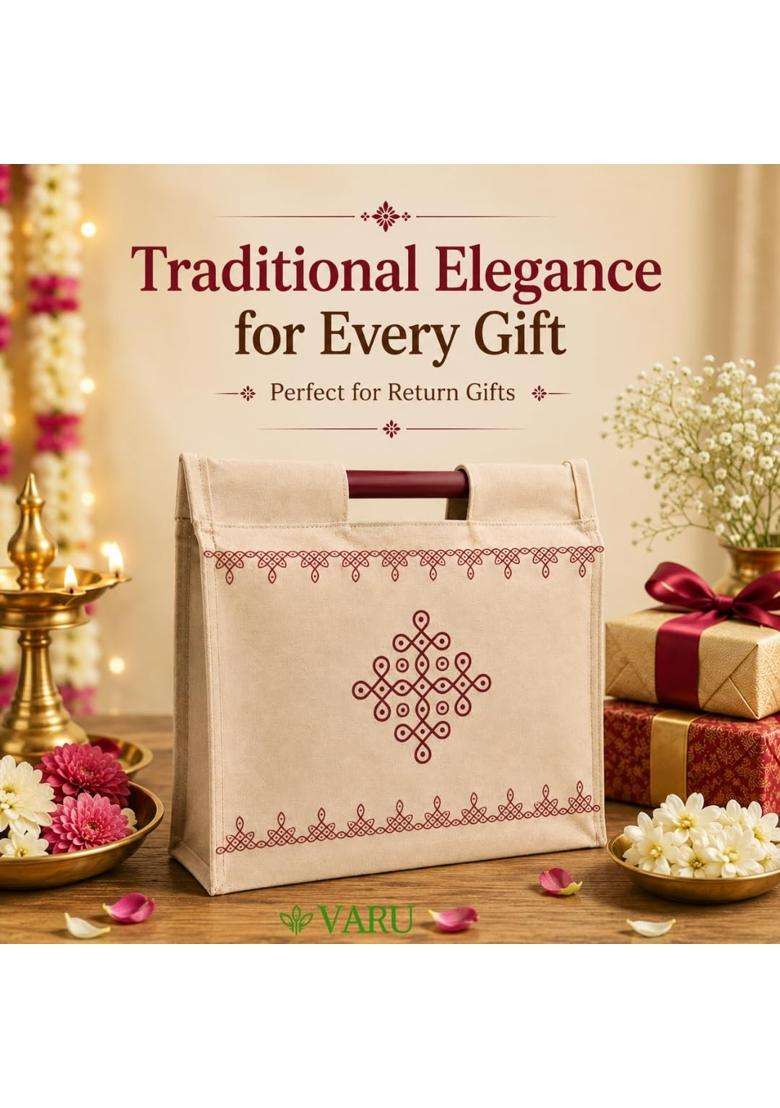 VARU Beige Jute Cotton Return Gift Bags Kolam Design 12x11x4 Inch Pack of 12 - Indya