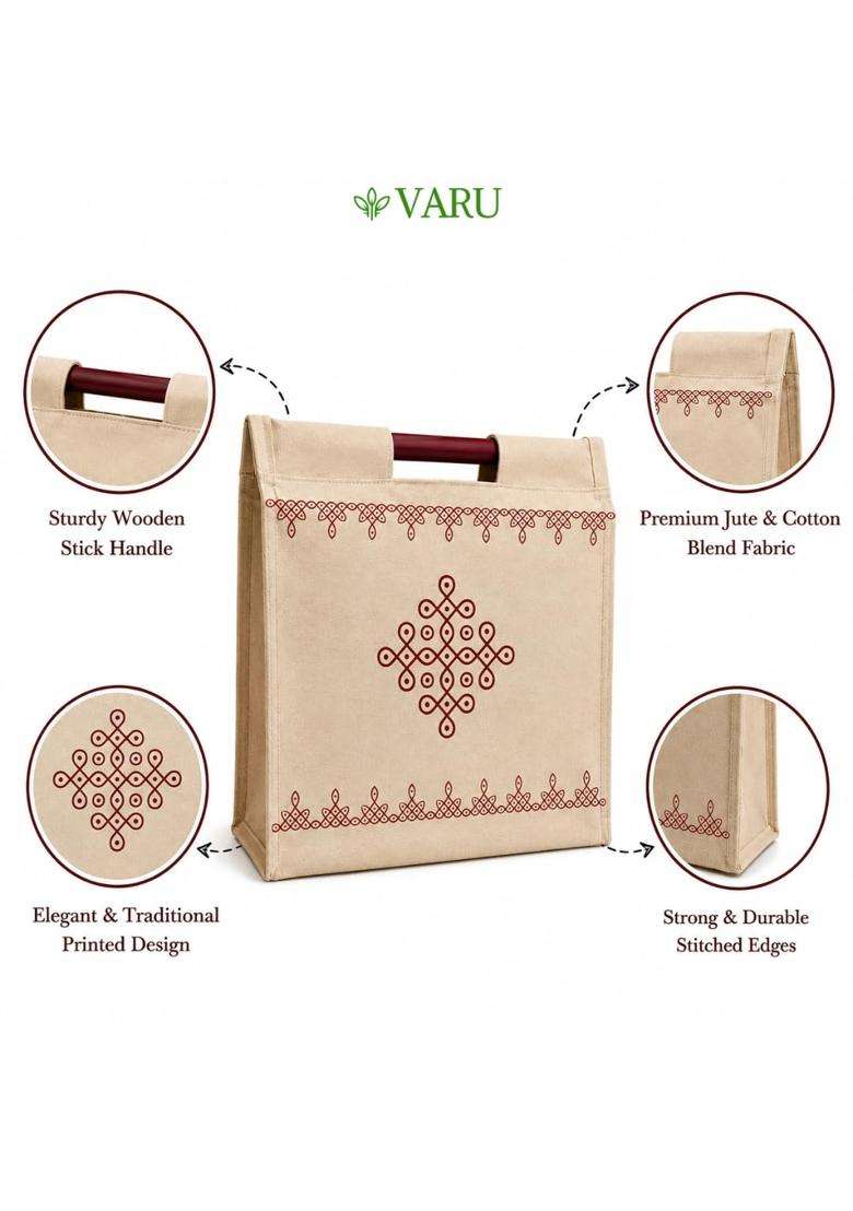 VARU Beige Jute Cotton Return Gift Bags Kolam Design 12x11x4 Inch Pack of 12 - Indya