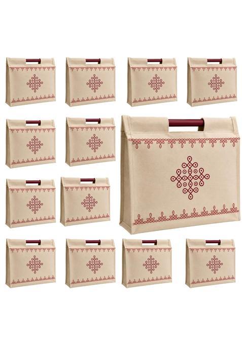 VARU Beige Jute Cotton Return Gift Bags Kolam Design 12x11x4 Inch Pack of 12