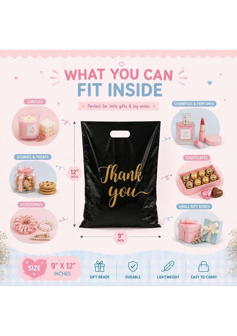 Kawai Homes Black Thank You Gift Bags for Return Gifts Birthday Party Wedding Baby Shower Festival Pack of 50 - Indya