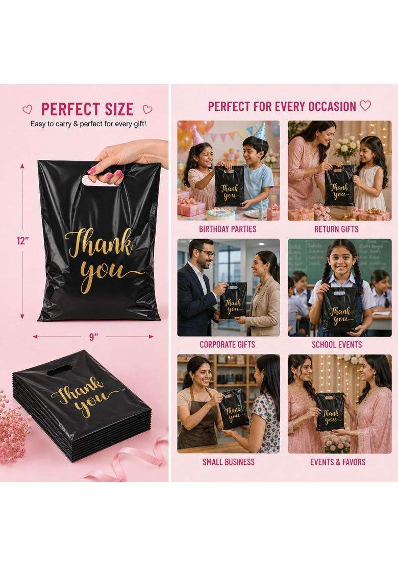 Kawai Homes Black Thank You Gift Bags for Return Gifts Birthday Party Wedding Baby Shower Festival Pack of 50 - Indya