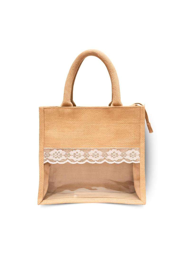 Ecopedia Beige Jute Gift Bag with Zip Eco Friendly and Reusable Return Gift Bags for Wedding Pack of 5 - Indya