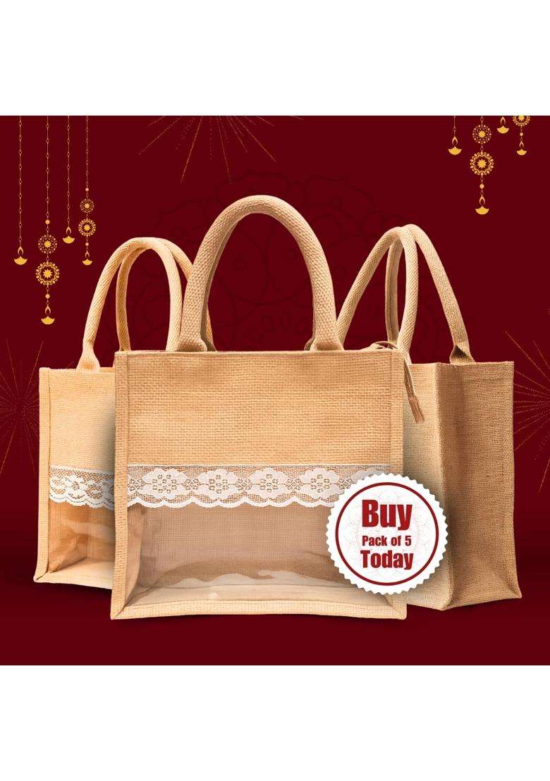 Ecopedia Beige Jute Gift Bag with Zip Eco Friendly and Reusable Return Gift Bags for Wedding Pack of 5 - Indya