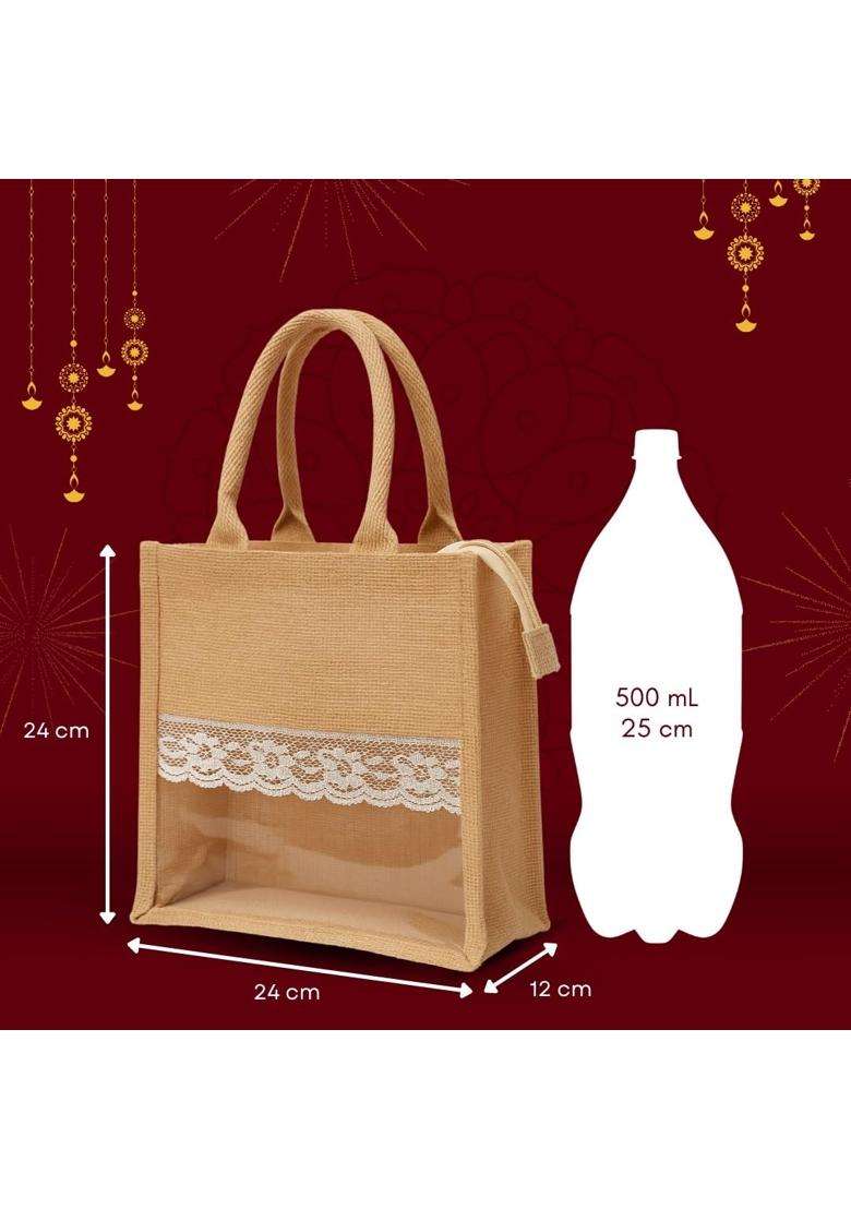 Ecopedia Beige Jute Gift Bag with Zip Eco Friendly and Reusable Return Gift Bags for Wedding Pack of 5 - Indya