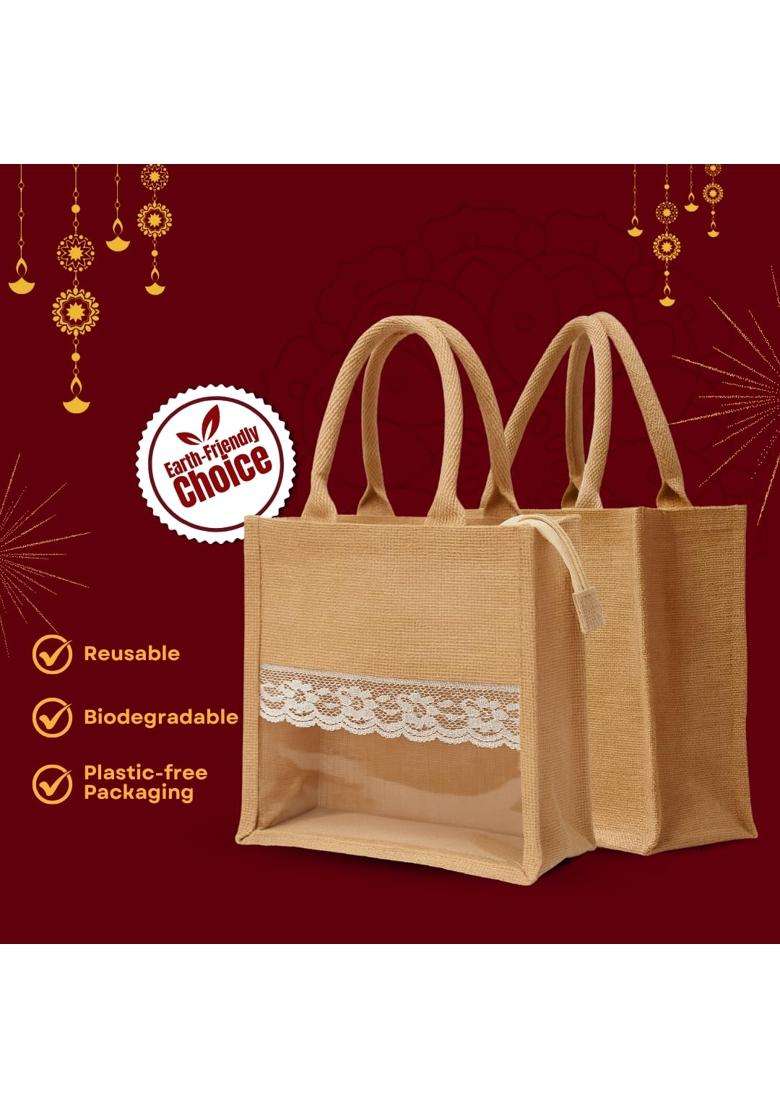 Ecopedia Beige Jute Gift Bag with Zip Eco Friendly and Reusable Return Gift Bags for Wedding Pack of 5 - Indya