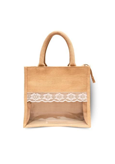Ecopedia Beige Jute Gift Bag with Zip Eco Friendly and Reusable Return Gift Bags for Wedding Pack of 5