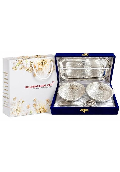 International Gift German Silver Brass Two Bowl with Two Spoon and with Single Tray with Beautiful Velvet Box
