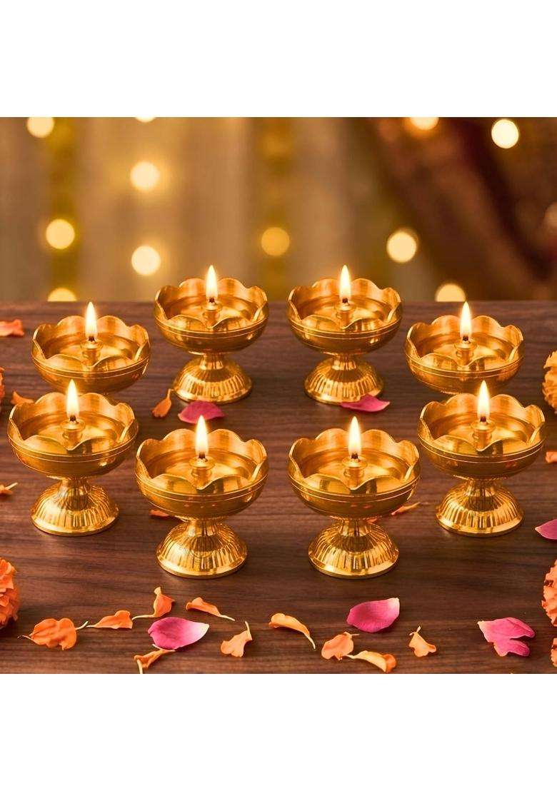 Brass Diya Pure Brass Traditional Oil Puja Lamp for Temple Mandir Festival Decoration Set of 8 - Indya