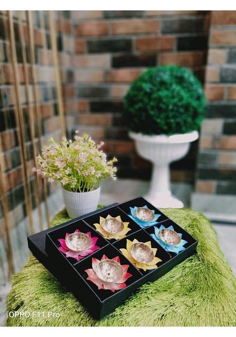 Racer Shop Black Brass Diya Lotus Design Shape Flower Shape 3 Inch Width Brass Oil Lamp Brass Deepak Set of 6