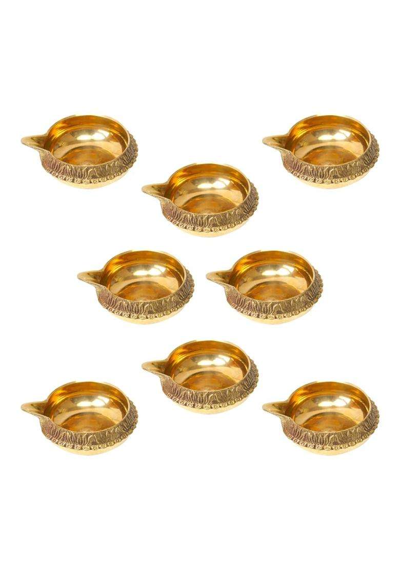 Dokchan Gold Brass Kuber Diyas Oil Lamps for Puja Room Decoration and Diwali Festival Pack of 08 - Indya