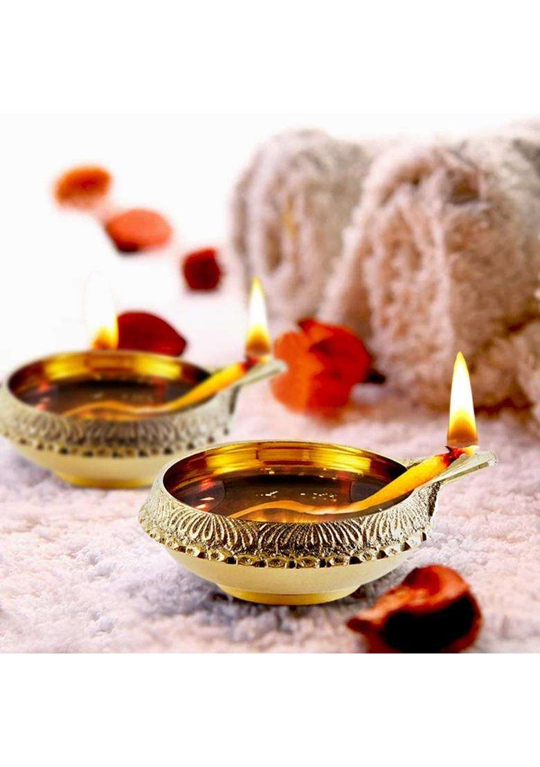 Dokchan Gold Brass Kuber Diyas Oil Lamps for Puja Room Decoration and Diwali Festival Pack of 08 - Indya