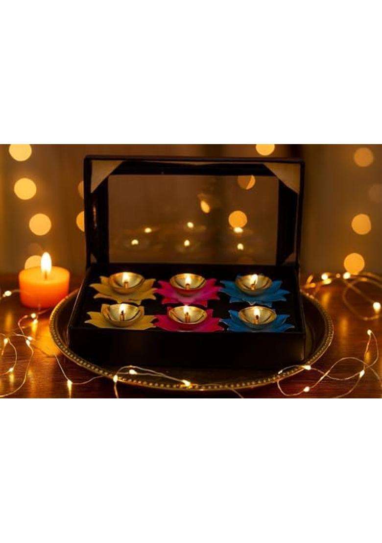 Amazon Brand Solimo Brass Iron Jyot Multicolor Leaf Design Oil Lamps for Puja Set of 6 - Indya