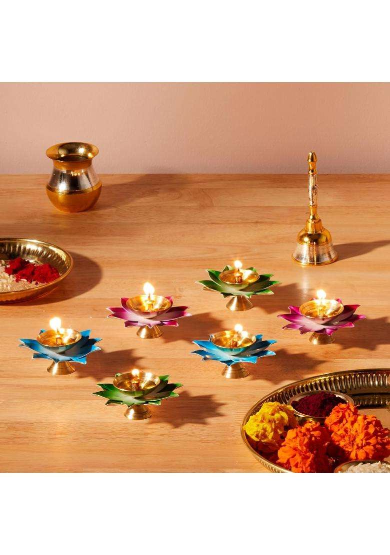 Amazon Brand Solimo Brass Iron Jyot Multicolor Leaf Design Oil Lamps for Puja Set of 6 - Indya