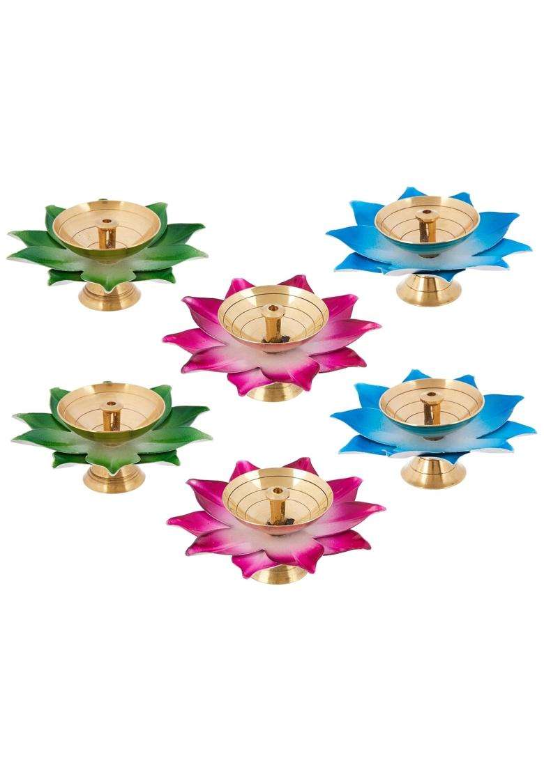 Amazon Brand Solimo Brass Iron Jyot Multicolor Leaf Design Oil Lamps for Puja Set of 6 - Indya