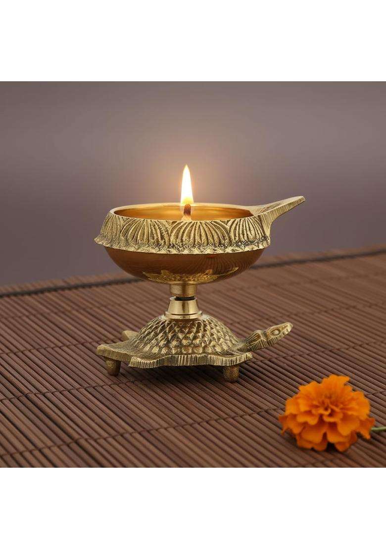 Collectible India Golden Brass Diya Oil Puja Lamp Engraved Design Dia with Turtle Base for Home Temple Pooja - Indya