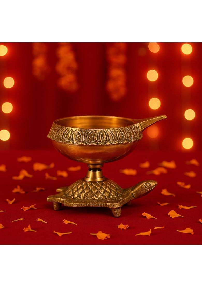 Collectible India Golden Brass Diya Oil Puja Lamp Engraved Design Dia with Turtle Base for Home Temple Pooja - Indya