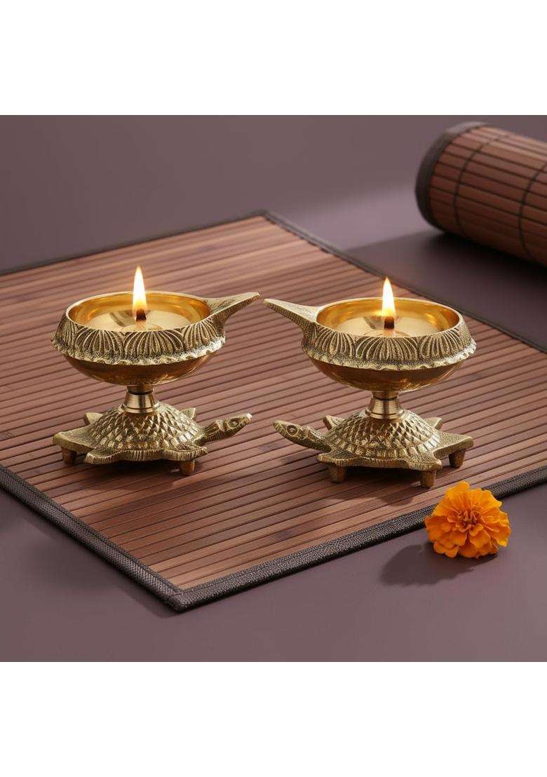 Collectible India Golden Brass Diya Oil Puja Lamp Engraved Design Dia with Turtle Base for Home Temple Pooja - Indya