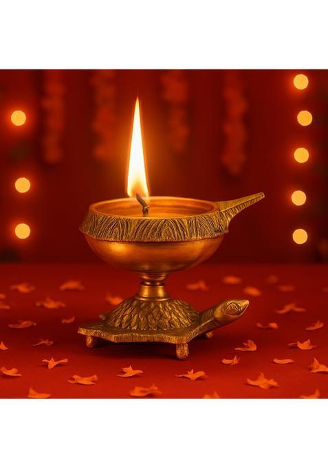 Collectible India Golden Brass Diya Oil Puja Lamp Engraved Design Dia with Turtle Base for Home Temple Pooja