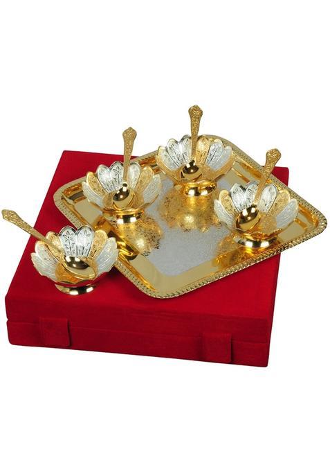 Jaipur ACE Brass Floral Bowl with Tray 400ML Gold Serving Bowls for Dry Fruits Snacks and Desserts Set of 9