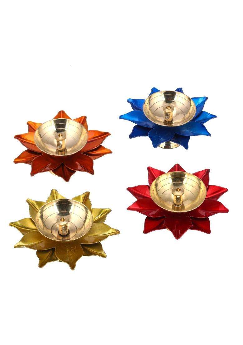Craftvatika Brass Diya Deepak Oil Lamp Puja Diwali Decor Items Set of 4 - Indya