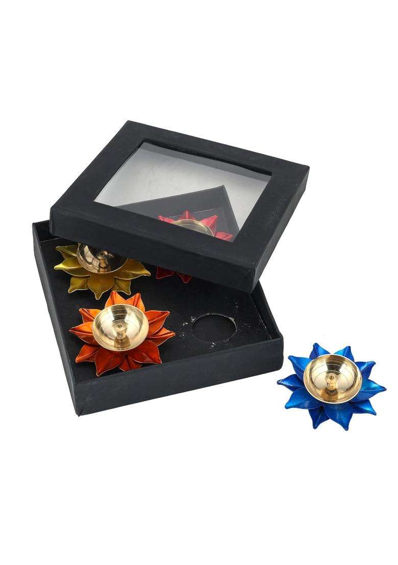 Craftvatika Brass Diya Deepak Oil Lamp Puja Diwali Decor Items Set of 4 - Indya