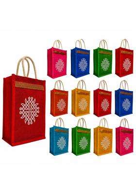 Maru Jute Bags with Kolam Design Multicolor Bags with Zip Thamboolam Bags Pack of 12