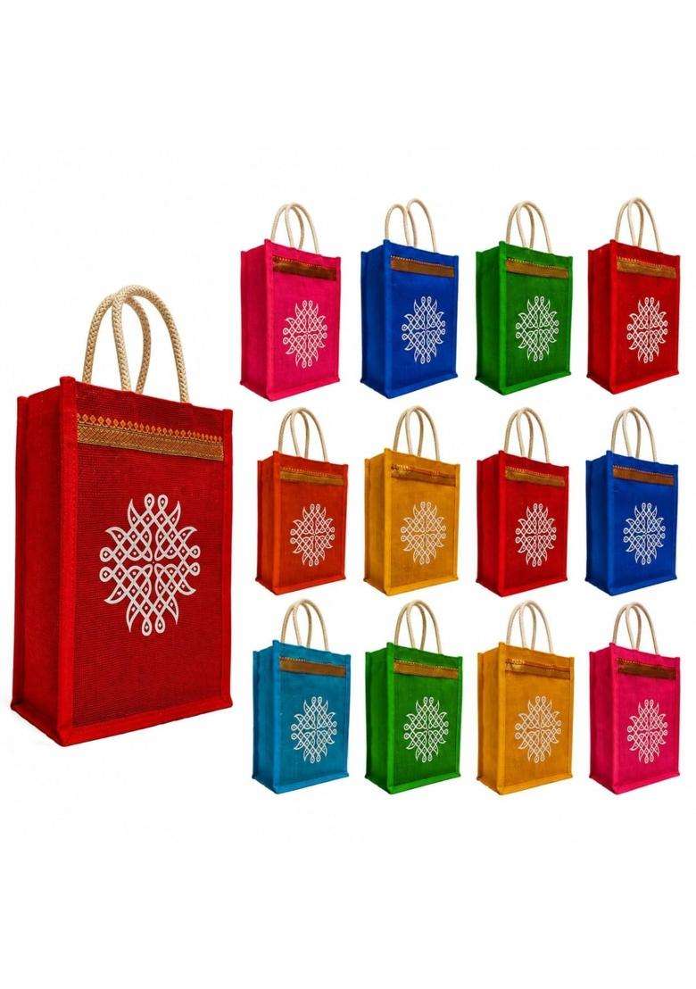 Maru Jute Bags with Kolam Design Multicolor Bags with Zip Thamboolam Bags Pack of 12 - Indya