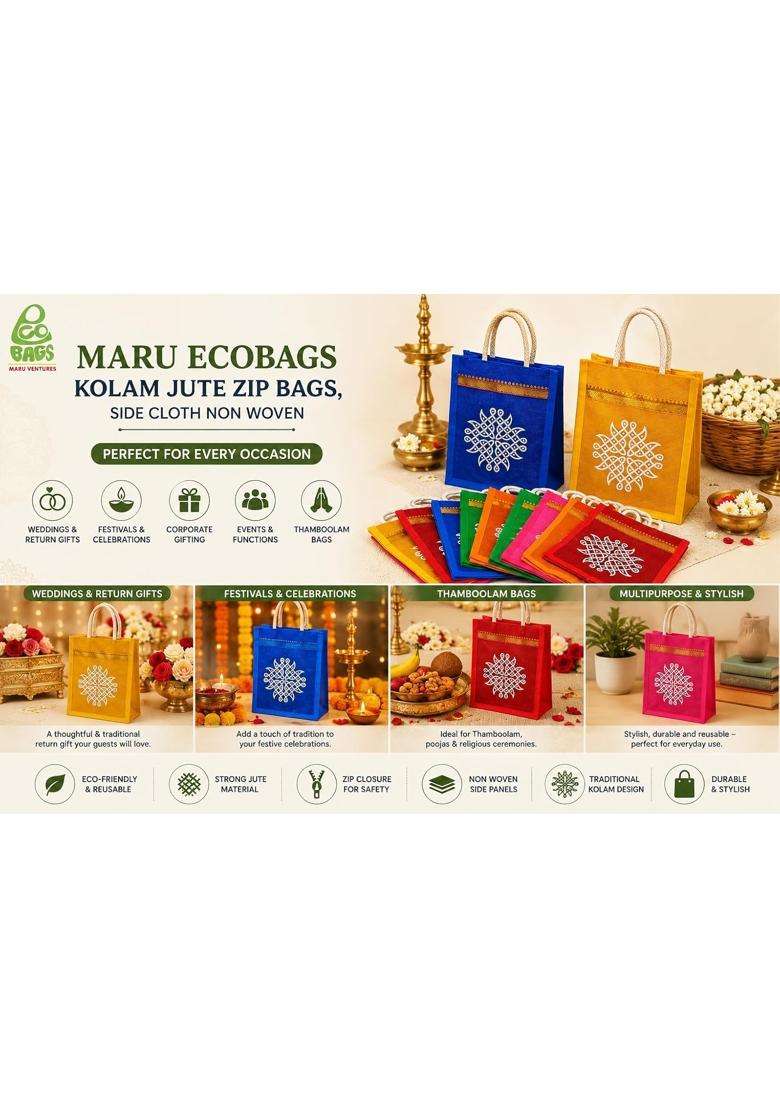 Maru Jute Bags with Kolam Design Multicolor Bags with Zip Thamboolam Bags Pack of 12 - Indya