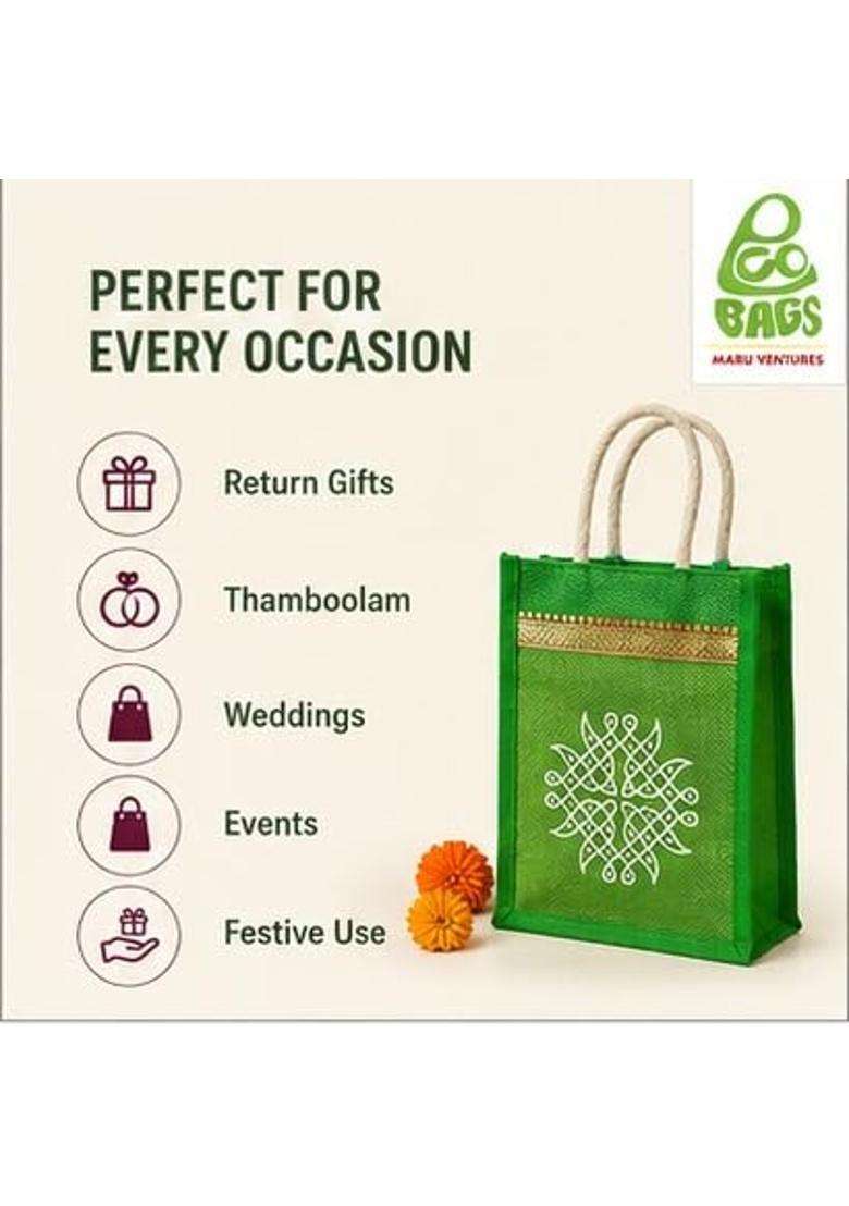 Maru Jute Bags with Kolam Design Multicolor Bags with Zip Thamboolam Bags Pack of 12 - Indya