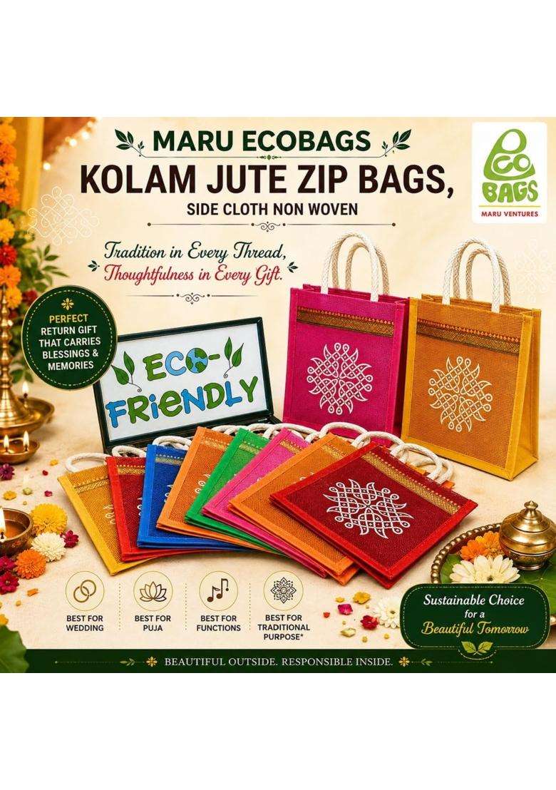 Maru Jute Bags with Kolam Design Multicolor Bags with Zip Thamboolam Bags Pack of 12 - Indya