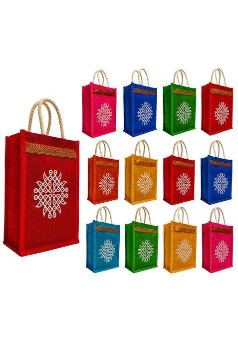 Maru Jute Bags with Kolam Design Multicolor Bags with Zip Thamboolam Bags Pack of 12